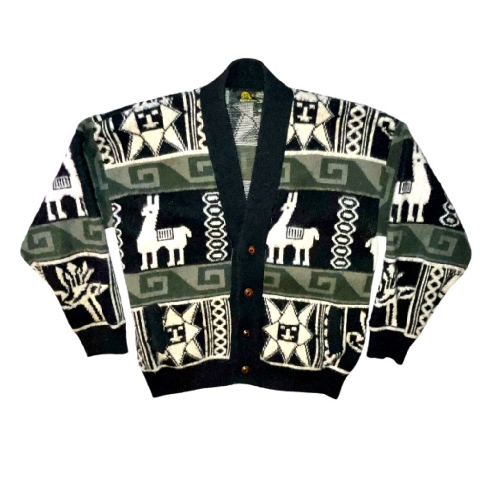 Vintage Ruminahui Wool Ecuadorian Button Down Cardigan Sweater Pockets Size XL